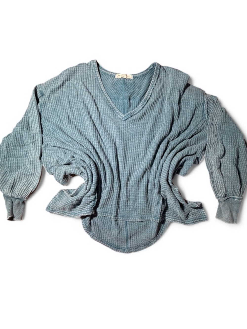 Free People We The Free Coraline Thermal Waffle Knit Blue Top XS Boho - Picture 5 of 7